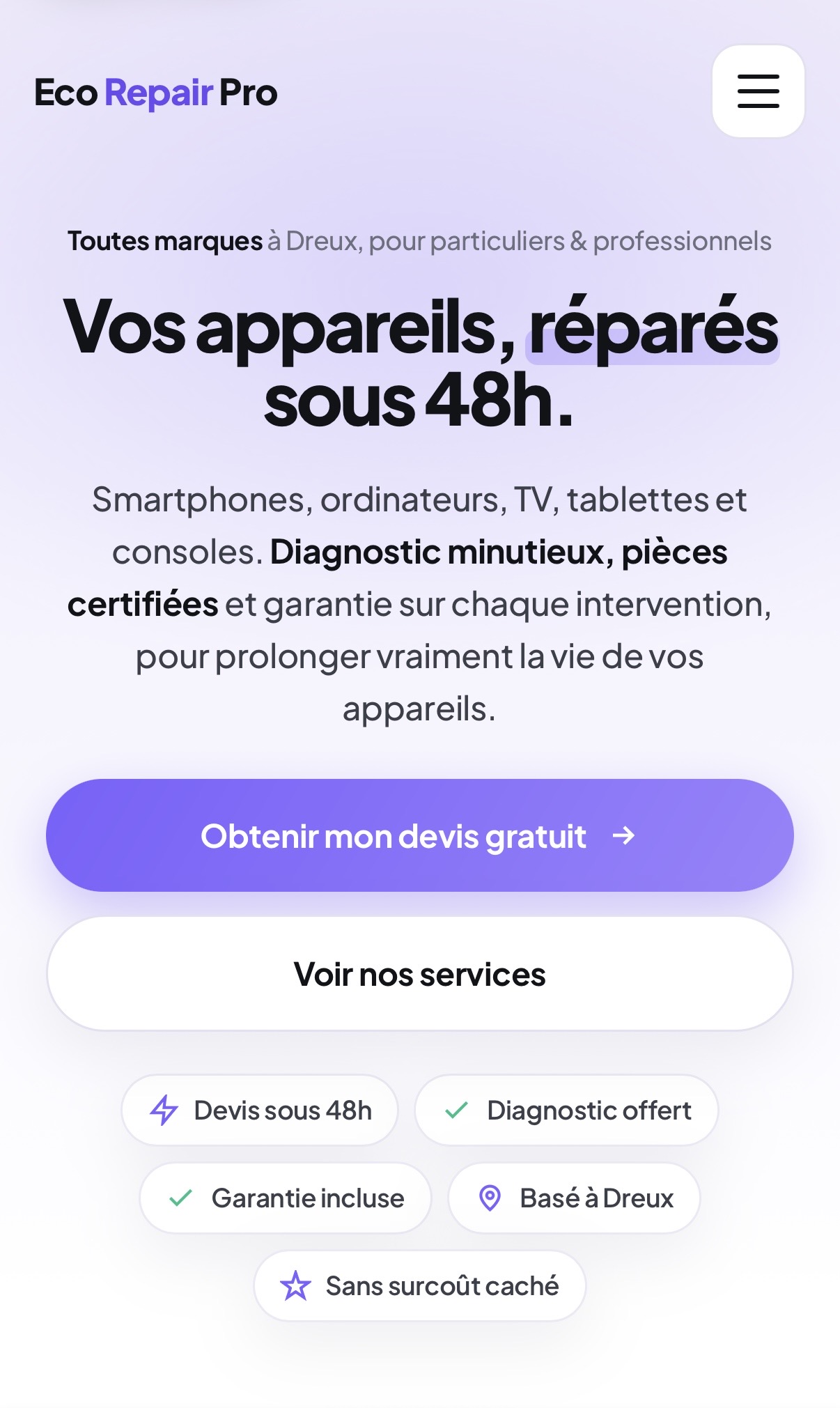 Version mobile du site Eco Repair Pro